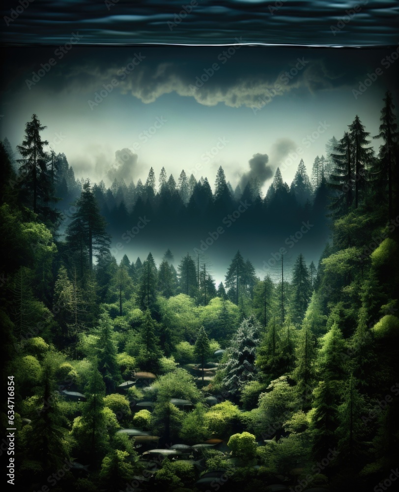 Poster a surreal forest scene with trees underwater. generative ai image.