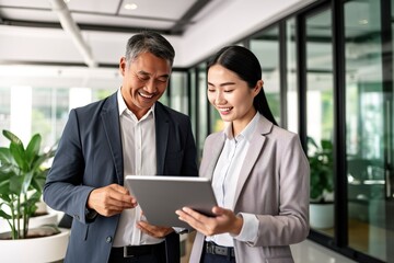 two happy asian business people meeting at the office