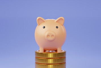 piggy bank on gold coin stacking 3D render minimal blue background for business concept financial, banking and investment with money growth success.