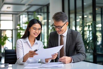 young asian business woman showing paper documents to partner