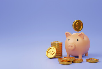 piggy bank with gold coin stacking and falling 3D render minimal blue background for business concept financial, banking and investment with money growth success.