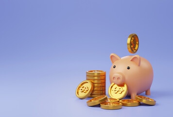piggy bank with gold coin stacking and falling 3D render minimal blue background for business concept financial, banking and investment with money growth success.