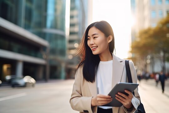 Young Busy Happy Asian Business Woman Walking In A City