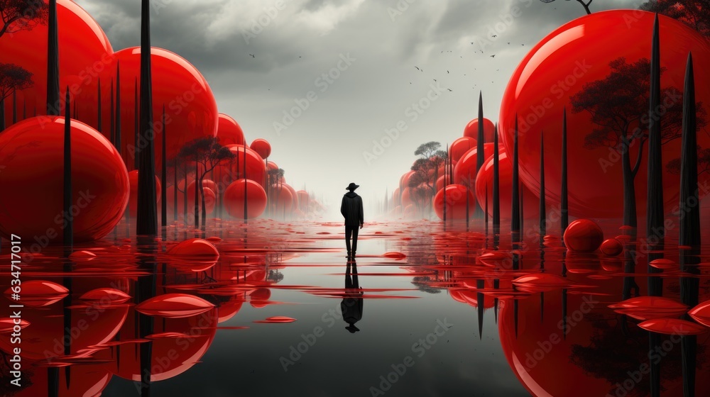 Poster a man stands in front of red spheres in a forest. generative ai image.