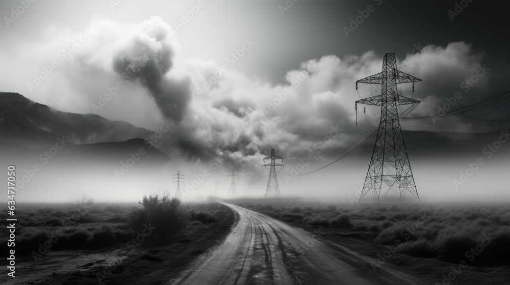 Poster black and white photo of a road with power lines in the distance. generative ai image.