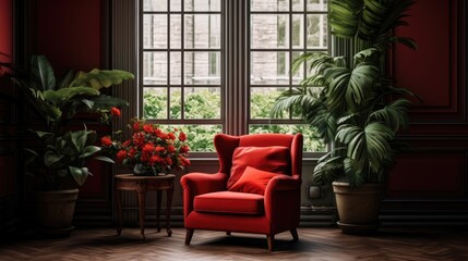 Fototapeta na wymiar Luxurious Living Room Interior with Red Armchair, Grand Window Backdrop, and Greenery