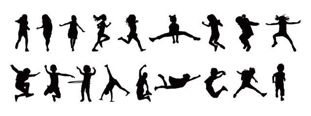 Vector set of detailed children playing boys and girls silhouettes isolated on white background