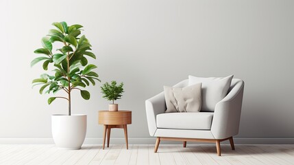 Living room interior with plant and white armchair