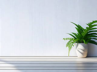 Wooden floor and white empty wall with plant shadows background, Use for interior design, cosmetic product presentation mockup, social media advertisement, pedestal displays.