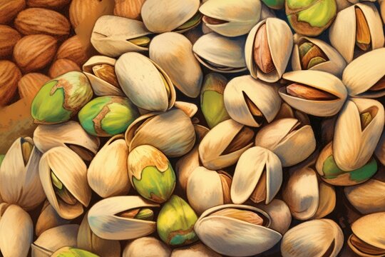 Close up of illustration of drawn organic nuts pistachios. Top view. Background texture of pistachios.