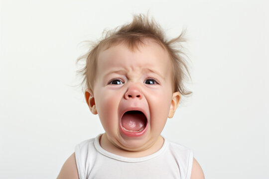 
A close-up shot of an adorable baby boy, crying and shouting, isolated on a white background.
Generative AI.