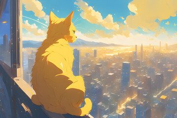 A yellow cat on the rooftop looking at the beautiful city