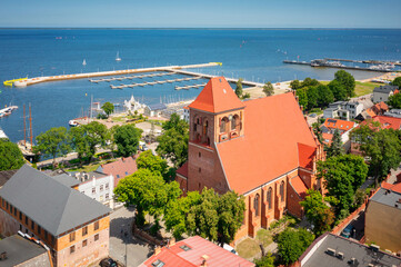 Architecture of Puck town with marina on the bay at summer, Poland