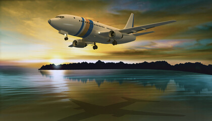 3d Passagierflugzeug über dem Wasser im Landeanflug am Abend