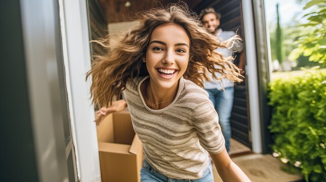 Happy young people moving into a new home, generative ai