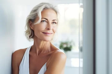 Fotobehang Headshot of gorgeous mid age adult 50 years old blonde woman standing in bathroom after shower touching face, looking at reflection in mirror doing morning beauty routine. Older skin care concept. © Volodymyr