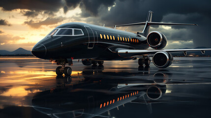 Luxury car and private jet on the runway