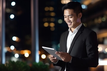 Smiling young asian business man professional, eastern businessman executive standing outdoors on street reading ebook holding using digital tablet online technology in night city with urban lights