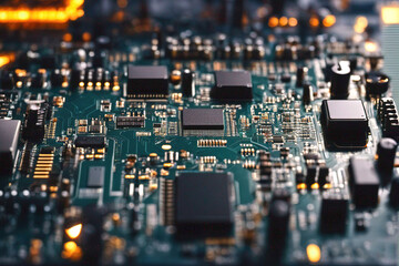 Electronic circuit board with processor, technology background.