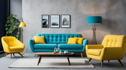 Modern Teal Sofa With Yellow Accent Chair. Retro interior Design for Living Room.