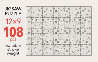 Empty jigsaw puzzle grid template, 12x9 shapes, 108 pieces. Separate matching puzzle elements. Flat vector illustration layout, every piece is a single shape.