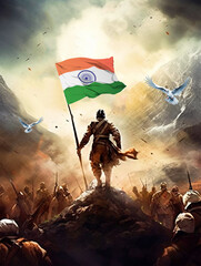 India Independence Day banner with freedom fighters and Indian flag - ai generative - obrazy, fototapety, plakaty