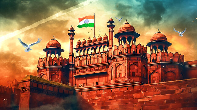 India Independence Day banner with red fort and Indian flag - ai generative