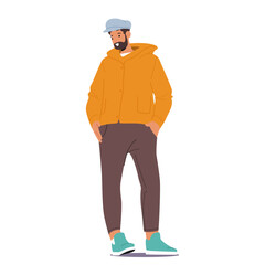 Man Wears Autumn Clothes, Male Character in Cozy Combination Of Jacket, Pants and Cap In Warm Earthy Tones