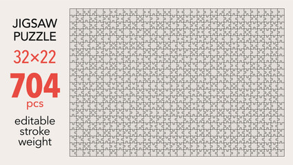 Empty jigsaw puzzle grid template, 32x22 shapes, 704 pieces. Separate matching puzzle elements. Flat vector illustration layout, every piece is a single shape.