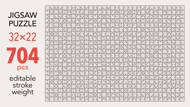 Empty jigsaw puzzle grid template, 32x22 shapes, 704 pieces. Separate matching puzzle elements. Flat vector illustration layout, every piece is a single shape.