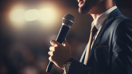 Motivational male speaker with a microphone presenting on stage, close-up.




Generative AI