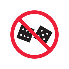 Forbidden gambling vector icon. Warning, caution, attention, restriction, label, ban, danger. No dice flat sign design pictogram symbol. No casino gamble icon