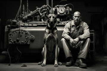 Fototapeta na wymiar 機械の前で写真を撮る大型犬と男