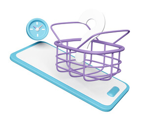 3d mobile phone, smartphone with shopping carts, basket, question mark symbol, clock isolated. online shopping concept, 3d render illustration