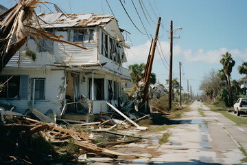 Fototapeta na wymiar Hurricane-hit Florida. Damaged homes and uprooted trees.Generative AI