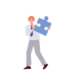 Happy smiling cheerful office worker with huge jigsaw puzzle in hands showing creative brainstorm