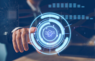 businessman using technology smart robot AI, artificial intelligence by enter command prompt for generates, Futuristic technology transformation. Chat with AI technology, Artificial Intelligence