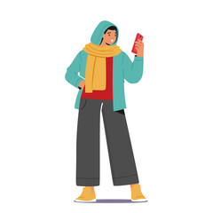 Stylish Woman In Autumn Attire, Holding A Smartphone. Female Character Embracing The Season With Cozy Sweater