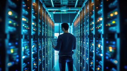 An IT technician is setting up a complex supercomputer system using a digital tablet beside a server cabinet