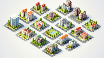 Three-Dimensional Isometric Set of Blocks Module of Different Areas for Building and Architecture Business in City Center: Generative AI