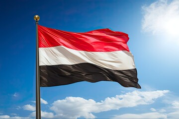 Fototapeta na wymiar Proudly Waving Yemeni Flag with Clear Blue Sky in Background - National Symbol of Yemen: Generative AI