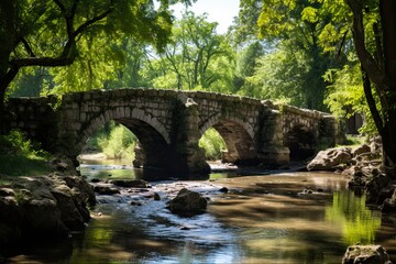 Serene Landscape of an Old Stone Bridge Over a Natural Stream in a Park: Generative AI