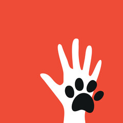 Human hand silhouette and paw print. Pet care vector illustration.