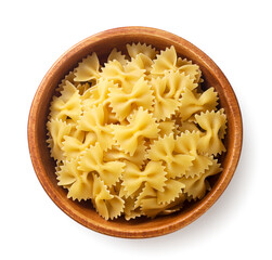 Butterfly pasta in a wooden plate on a white background. Top view