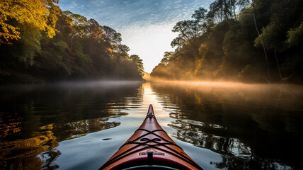 Sailing the kayak at the river in the evening. - obrazy, fototapety, plakaty