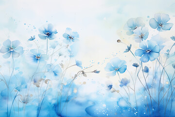 Fototapeta na wymiar Delicate flowers sway upon a tranquil watercolor backdrop, a harmonious interplay of serene, sky-blue tones