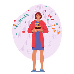 Sad And Lonely Woman Character Celebrates Her Birthday With A Quiet, Tearful Celebration, Vector Illustration