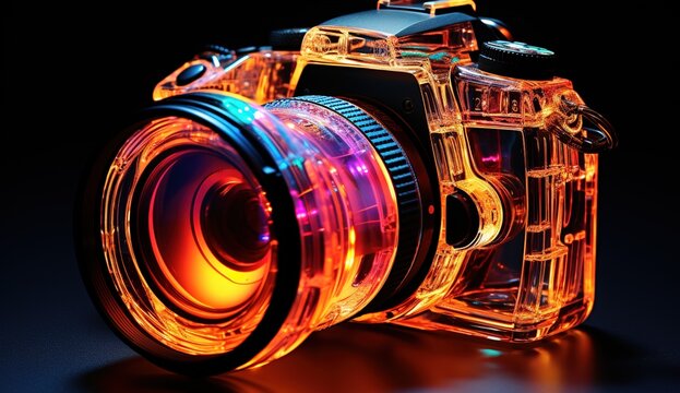 Colorful photo concept, colorful camera in neon lines