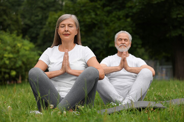 Senior couple practicing yoga on green grass in park, selective focus