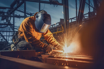 A skilled specialized worker in welding is repairing metal structures on an offshore oil plant.